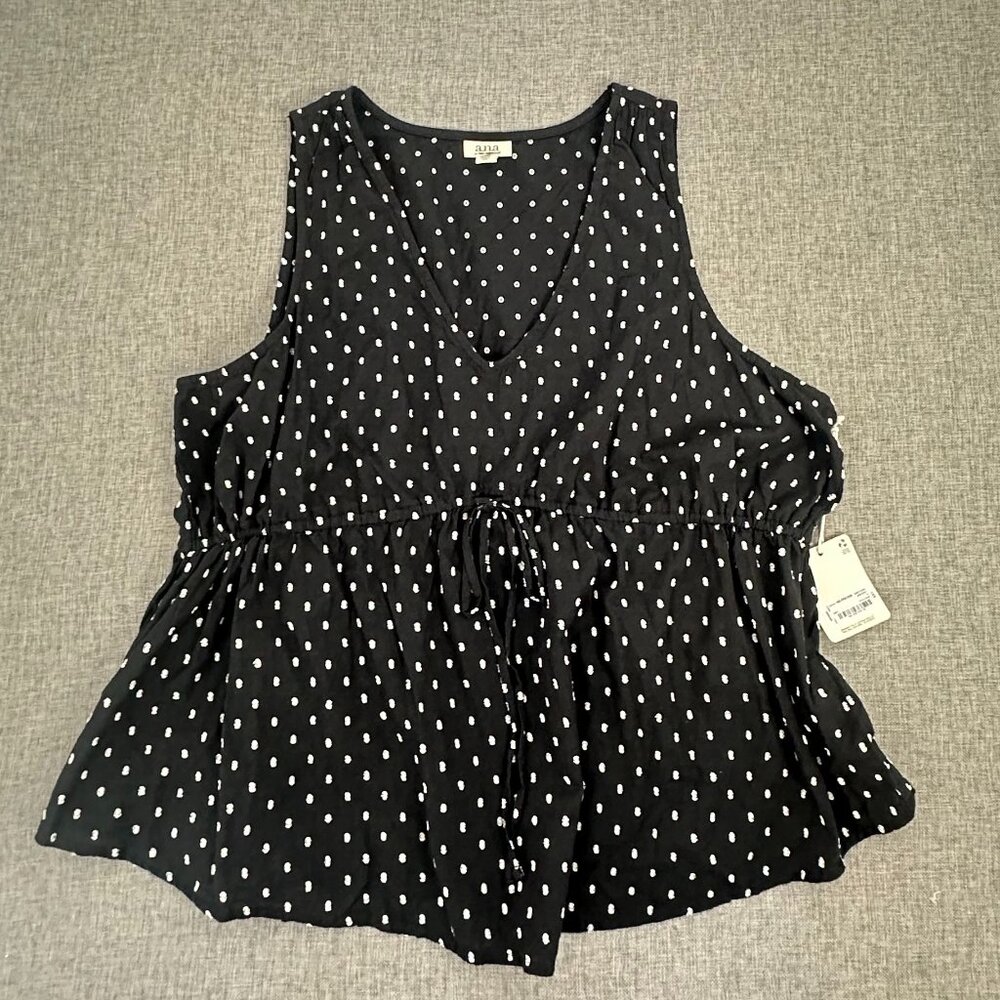 NEW! a.na New Approach Baby Doll Top Black White V-Neck 1X Cotton $37 Drawstring